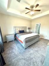 bedroom featuring a raised ceiling and ceiling fan