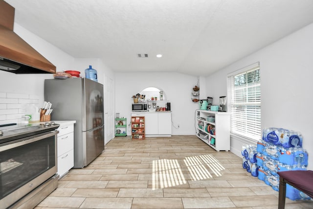 kitchen with stainless steel appliances, island range hood, lofted ceiling, and a textured ceiling