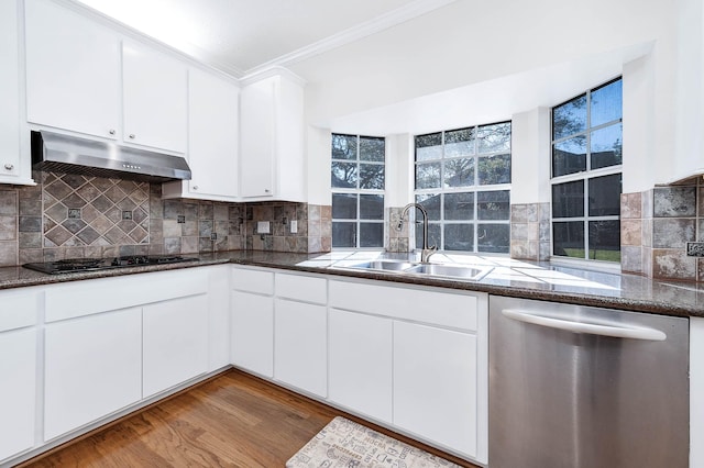 kitchen featuring dishwasher, black gas stovetop, light wood-type flooring, white cabinets, and sink