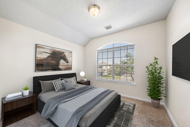 bedroom featuring a textured ceiling, lofted ceiling, and carpet floors