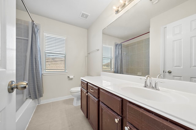 full bathroom with shower / bathtub combination with curtain, vanity, toilet, and tile patterned flooring