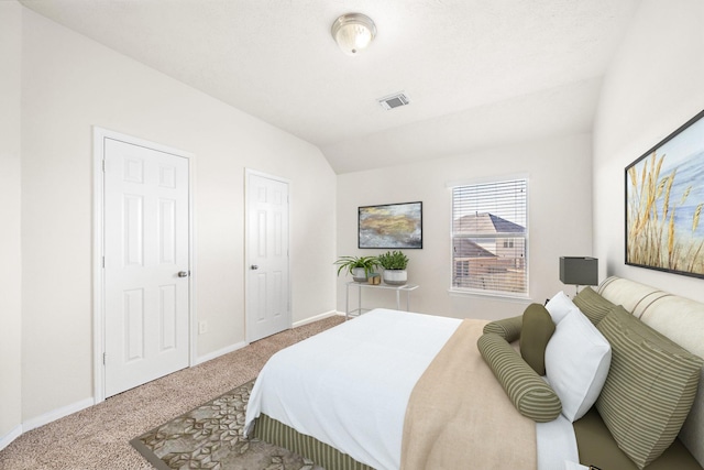 bedroom with lofted ceiling and carpet