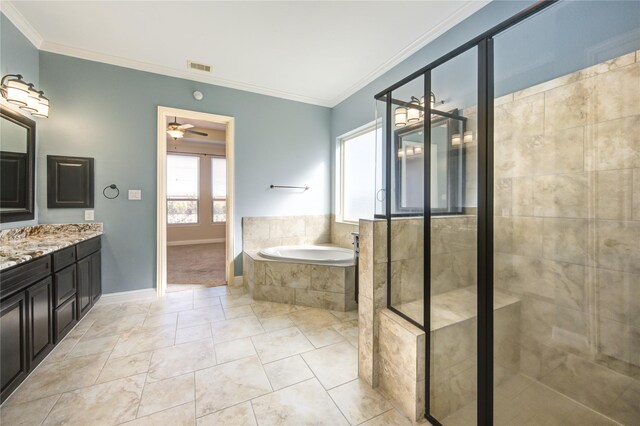 bathroom featuring crown molding, ceiling fan, visible vents, and a bath