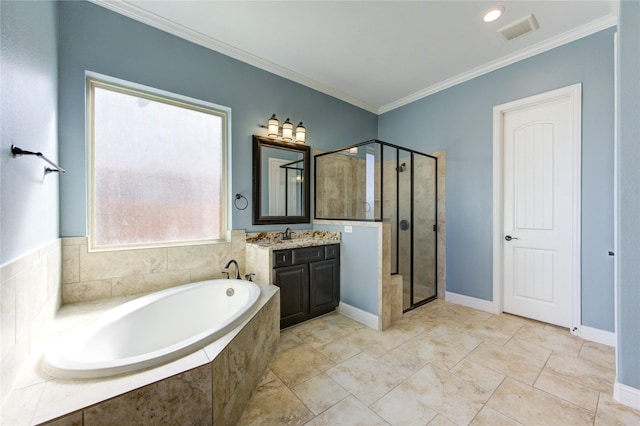 6611 Hollow Bay Ct, Katy, TX 77493 - full bathroom featuring vanity, a garden tub, a stall shower, and crown molding
