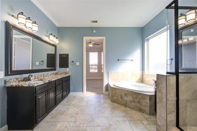 bathroom with vanity, ornamental molding, a relaxing tiled tub, and ceiling fan