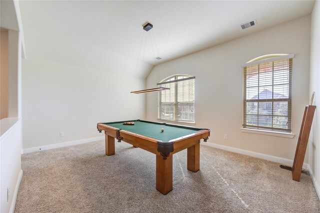 recreation room featuring pool table, lofted ceiling, and carpet floors