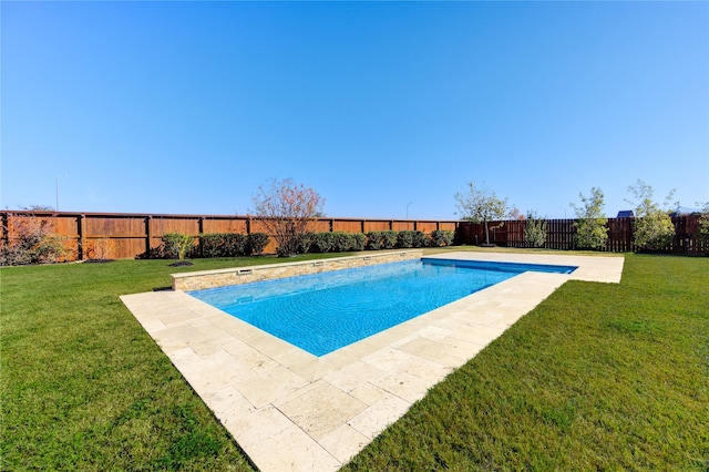 view of pool featuring a lawn, a fenced in pool, and a fenced backyard