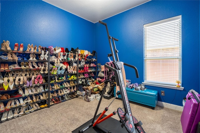 exercise area featuring carpet flooring