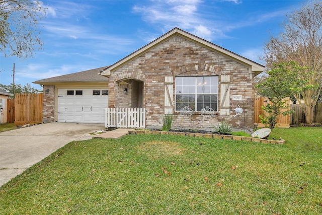 ranch-style home featuring a front lawn and a garage