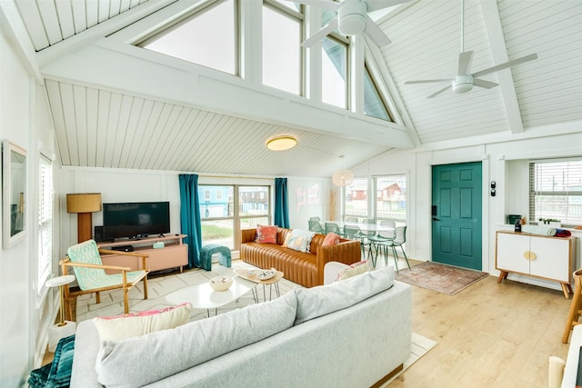 living area with wood finished floors, high vaulted ceiling, a ceiling fan, and beam ceiling