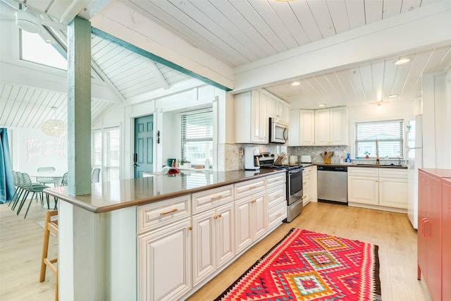 kitchen with tasteful backsplash, light wood finished floors, lofted ceiling with beams, appliances with stainless steel finishes, and a peninsula