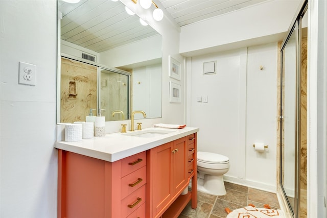 bathroom with visible vents, toilet, a stall shower, stone finish floor, and vanity