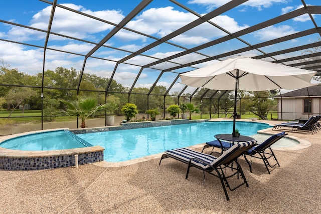 view of swimming pool with a lanai and a patio area