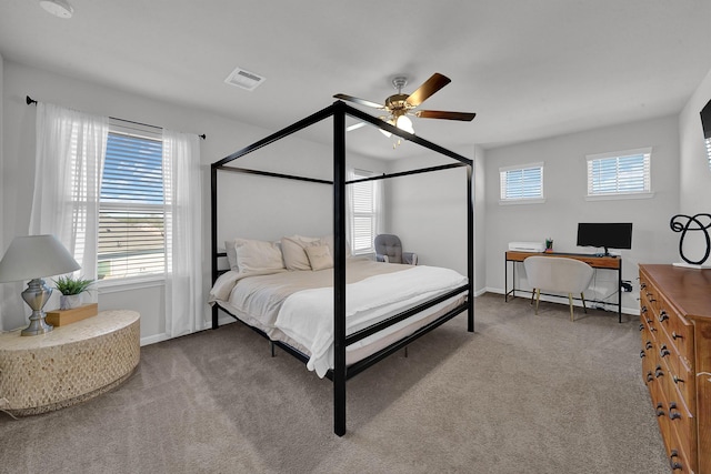 carpeted bedroom with ceiling fan and multiple windows