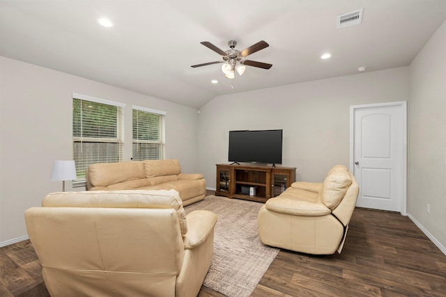 living room featuring ceiling fan, dark hardwood / wood-style flooring, and lofted ceiling