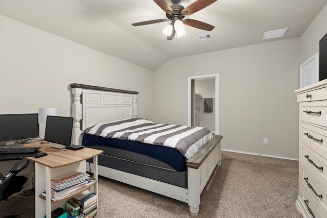 bedroom featuring lofted ceiling, ceiling fan, and light colored carpet