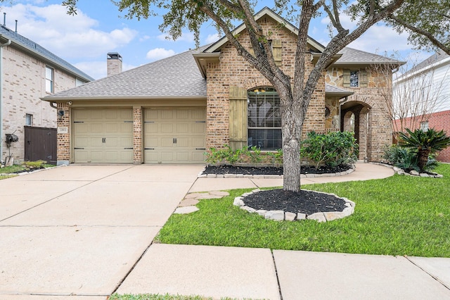 view of front of property featuring a garage, concrete driveway, brick siding, and a chimney