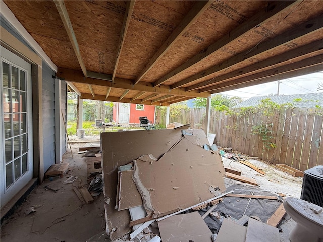 view of patio with a shed