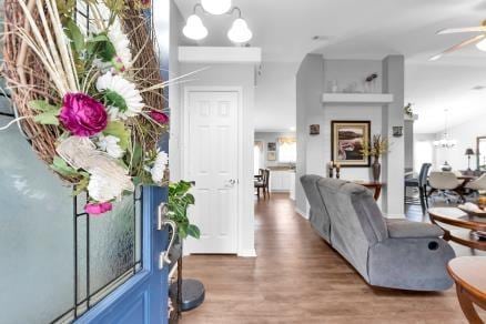 entrance foyer featuring hardwood / wood-style flooring and ceiling fan