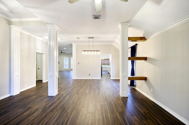 unfurnished living room with vaulted ceiling, ceiling fan, crown molding, and dark hardwood / wood-style flooring