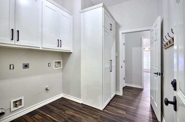 washroom with cabinets, hookup for a washing machine, hookup for an electric dryer, hookup for a gas dryer, and dark hardwood / wood-style floors