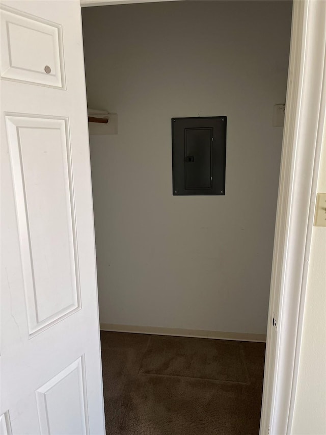 interior space with electric panel and dark colored carpet