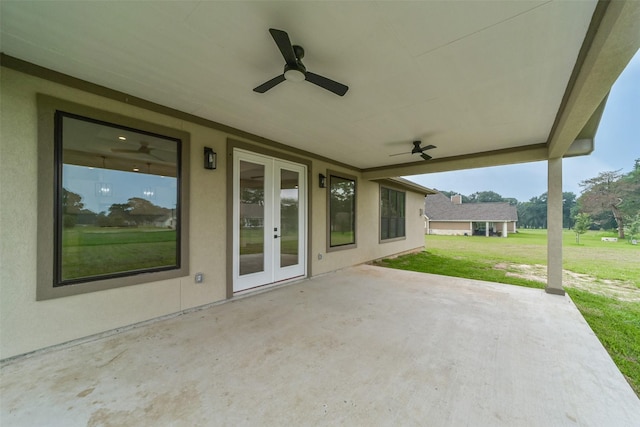 view of patio featuring ceiling fan and french doors