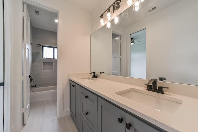 bathroom with ceiling fan, vanity, and shower / bath combination