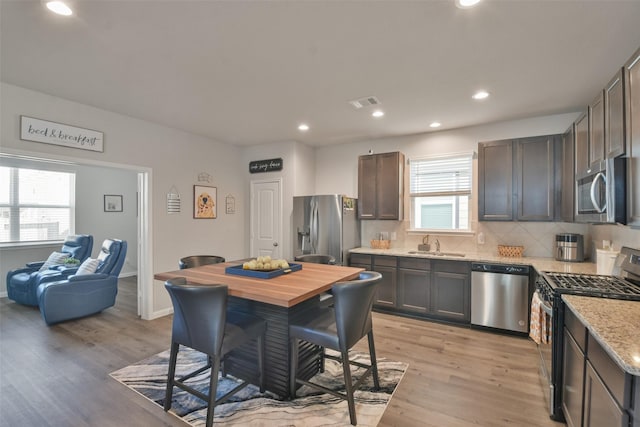 kitchen featuring light stone countertops, a wealth of natural light, light wood-type flooring, appliances with stainless steel finishes, and sink