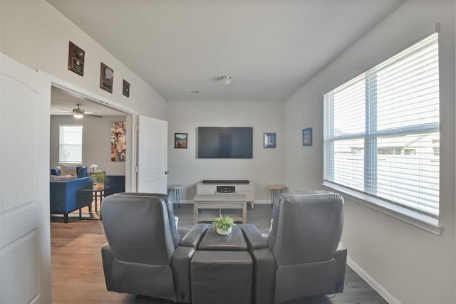 living room with ceiling fan and hardwood / wood-style floors