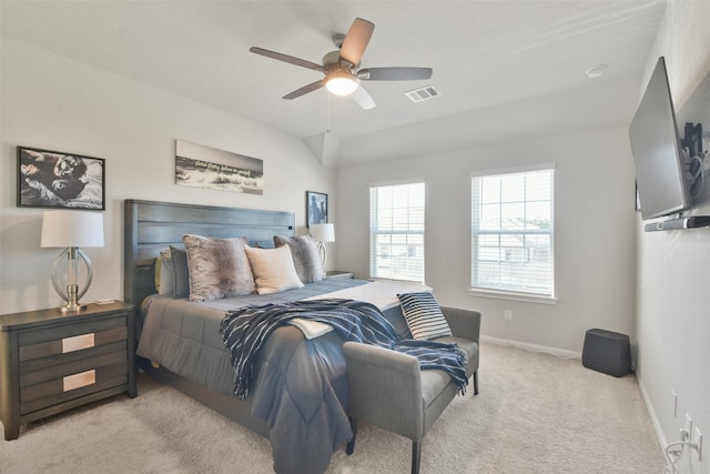 bedroom featuring ceiling fan and light colored carpet