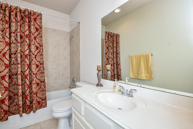 full bathroom with shower / tub combo, tile patterned flooring, a textured ceiling, toilet, and vanity