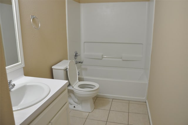 full bathroom featuring toilet, tile patterned flooring, bathing tub / shower combination, and vanity