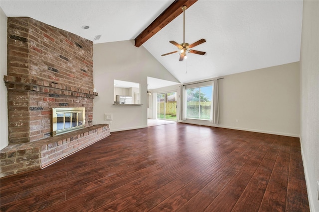 unfurnished living room featuring ceiling fan, a fireplace, wood-type flooring, high vaulted ceiling, and beam ceiling