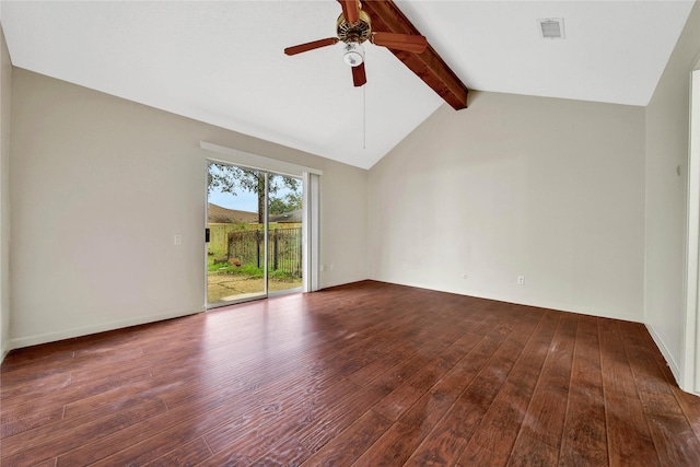 spare room featuring dark wood-type flooring, vaulted ceiling with beams, and ceiling fan