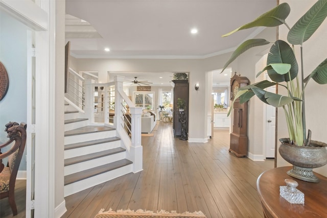 entryway featuring light hardwood / wood-style floors, ornamental molding, and ceiling fan