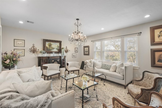 living room with a chandelier