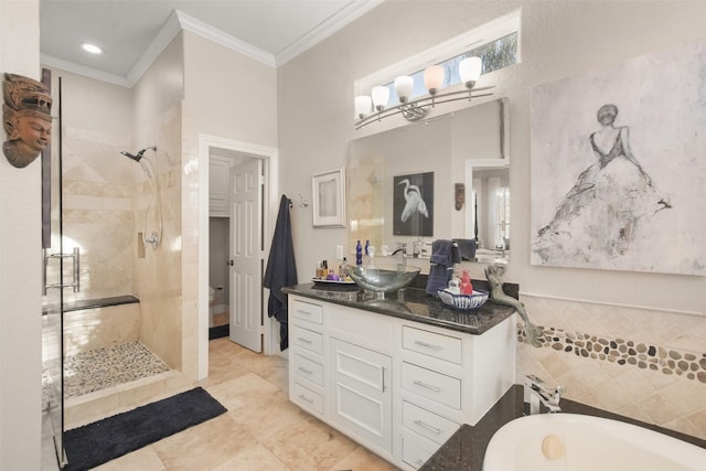 full bathroom with toilet, independent shower and bath, tile patterned floors, ornamental molding, and vanity