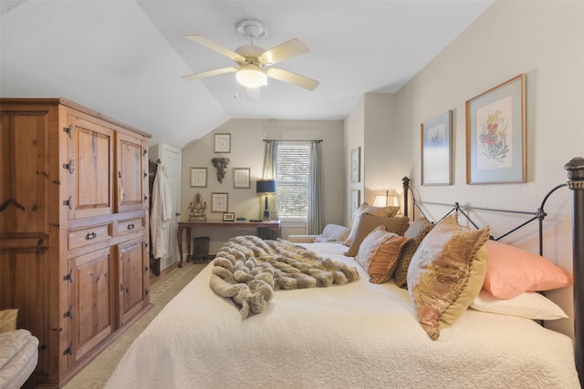 bedroom with ceiling fan and lofted ceiling