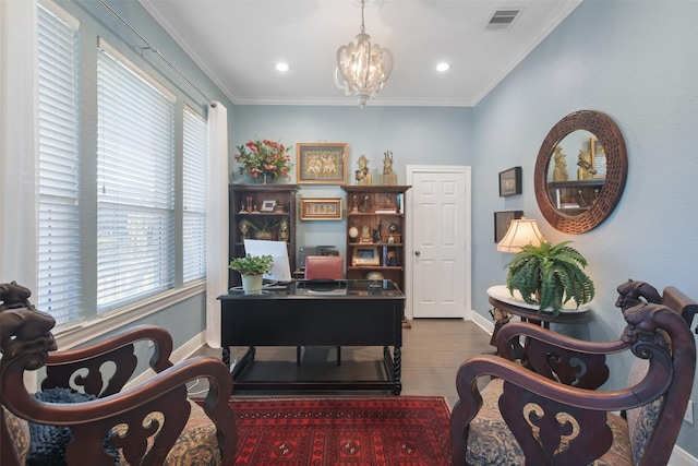 office space featuring plenty of natural light, dark hardwood / wood-style flooring, and crown molding