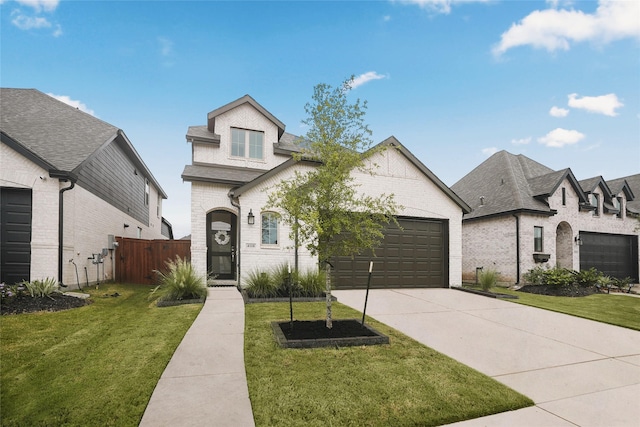 french country inspired facade with a front lawn and a garage