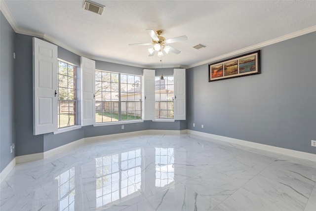 unfurnished room featuring a textured ceiling, ceiling fan, and crown molding