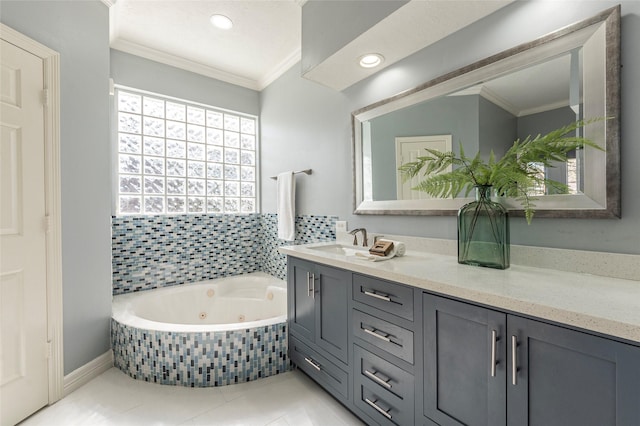 bathroom featuring a relaxing tiled tub, tile patterned flooring, crown molding, and vanity