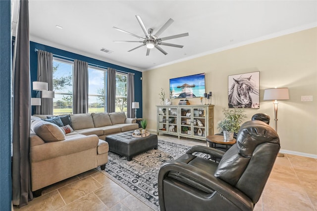 living room with light tile patterned flooring, ceiling fan, and crown molding