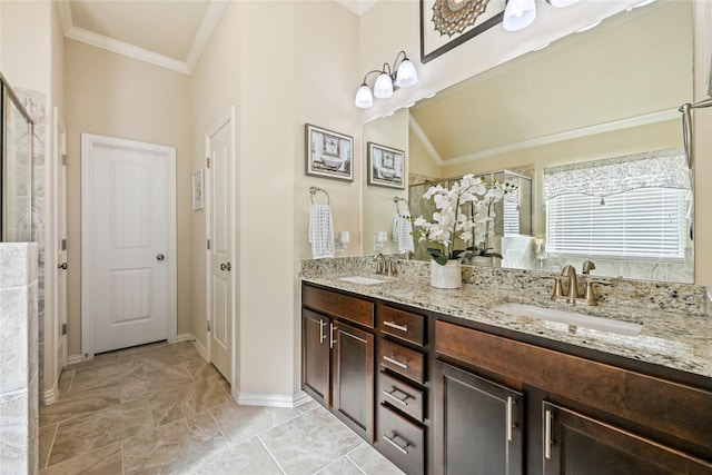 bathroom featuring a shower with door, vaulted ceiling, crown molding, and vanity