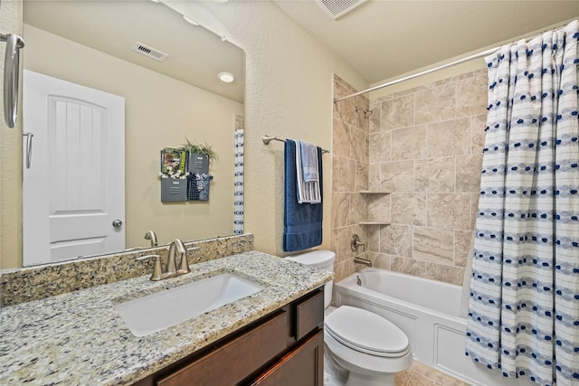 full bathroom with toilet, vanity, and shower / bathtub combination with curtain