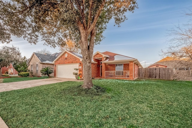 ranch-style home with a porch, a garage, and a front lawn