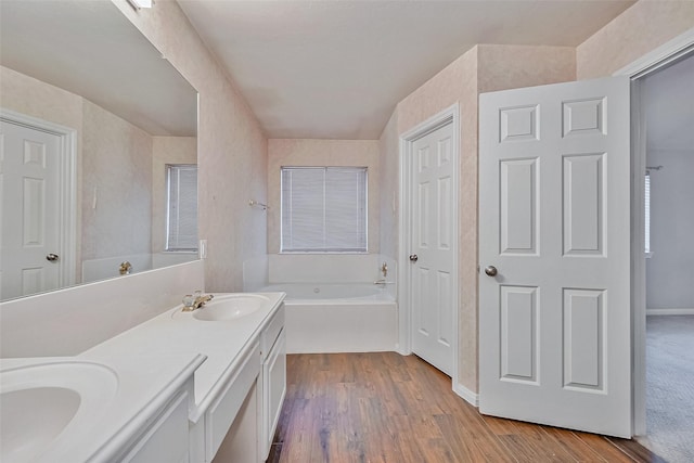 bathroom with hardwood / wood-style floors, a tub to relax in, and vanity