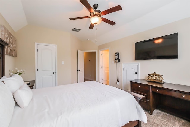 bedroom featuring lofted ceiling and ceiling fan