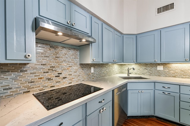 kitchen with sink, black electric stovetop, stainless steel dishwasher, and decorative backsplash